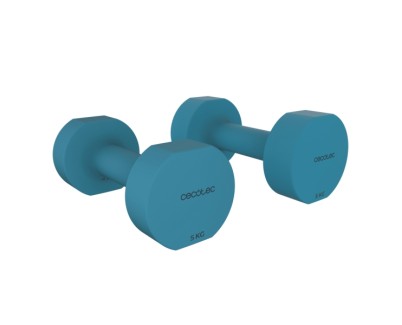 Cecotec Drumfit 500 DoubleNeo Set de 2 Mancuernas de 5kg - Antideslizante - Recubrimiento de Neopreno - Antideslizante - Hexagonales - 20.5x10.5x10cm - Color Azul