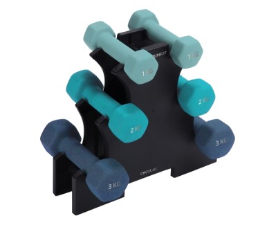 Cecotec DrumFit Dumbbell 123 Neoprene Set Set de Mancuernas de 1, 2 y 3kg - Soporte Incluido - Antideslizante - Hexagonales - Recubrimiento de Neopreno - Color Surtido