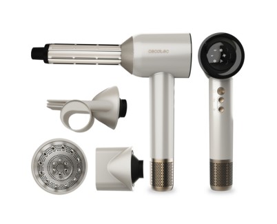 Cecotec DryGlam Waves Champagne Secador de Pelo 4 en 1 - Potencia 1600W - Velocidad 110000rpm - Pantalla Digital - Silencioso - Temperatura Regulable - Motor sin Escobillas - Color Blanco