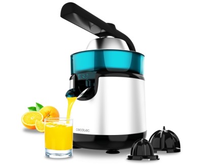 Cecotec EssentialVita Hyden 120 Steel Exprimidor Electrico de Brazo - Potencia 120W - Capacidad 250ml - Boquilla Antigoteo - Acero Inoxidable - Conos Desmontables - Color Blanco