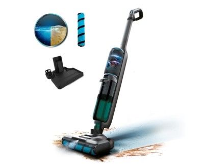 Cecotec FreeGo Wash and Vacuum Spray Fregona Electrica - 250W - Funcion Aspirador - Autonomia 35min - Pantalla Digital - Sistema Autolimpieza - Depositos Separados - Color Negro y Azul