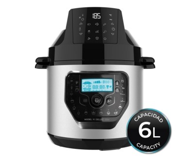 Cecotec H Deluxe Fry Olla GM Programable de 6L con Cabezal Freidora de Aire - Antiadherente - Bascula - Pantalla LCD - Ergonomico - Temperatura hasta 200&ordm;C - Control por Voz - Color Negro y Plateado