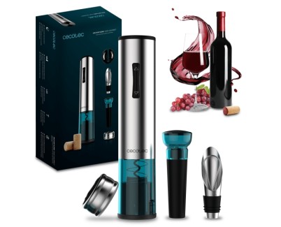 Cecotec InstantCork 1000 Gourmet Sacacorchos Electrico - Apertura en 8 Segundos - Luz LED - Incluye Accesorios - Aguja Helicoidal de Acero - Pilas Aa Incluidas - Cuerpo de Acero Inoxidable