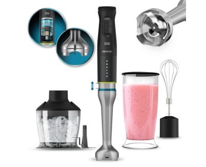 Cecotec Katana 15 TotalDestroy Chop Batidora de Mano - 1500W - Cuchillas de Titanio Efecto Tijera - Funcion Oscilante - Campana Antisalpicaduras - 21 Velocidades - Turbo - Color Negro