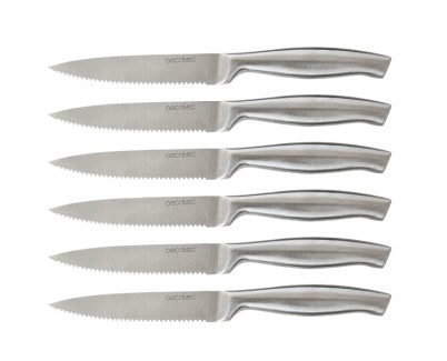 Cecotec Pack de 6 Cuchillos Dentados - Hoja de 1.8mm de Grosor - Hoja de 12cm - Mango de 11.6cm - Acero Inoxidable - Sierra para Carne