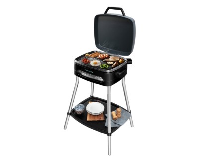 Cecotec Perfect Country BBQ Barbacoa Electrica - 2000W - Tapa Abatible - Termostato Regulable - Bandeja Recogegrasas - Patas y Soporte de Acero - Indicador Luminoso - 53x60x90cm - Color Negro