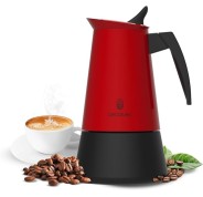 Cecotec Piccolina 600 Cafetera Italiana para 6 Tazas de Acero Inoxidable - Capacidad de 300ml - Junta de Silicona - Compatible con Todo Tipo de Cocinas - Valvula de Seguridad - Color Negro y Rojo
