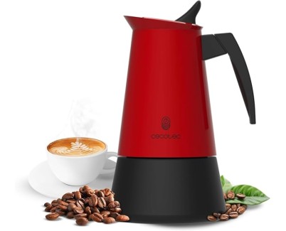 Cecotec Piccolina 600 Cafetera Italiana para 6 Tazas de Acero Inoxidable - Capacidad de 300ml - Junta de Silicona - Compatible con Todo Tipo de Cocinas - Valvula de Seguridad - Color Negro y Rojo