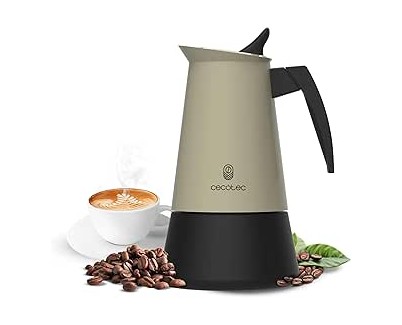 Cecotec Piccolina 600 Cafetera Italiana para 6 Tazas de Acero Inoxidable - Capacidad de 300ml - Junta de Silicona - Compatible con Todo Tipo de Cocinas - Valvula de Seguridad - Color Negro y Verde