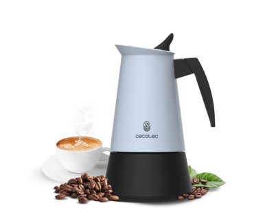 Cecotec Piccolina 900 Cafetera Italiana para 9 Tazas - Acero Inoxidable - Apta para Gas, Electrica y Vitro - Junta Hermetica de Silicona - Mango Ergonomico - Valvula de Seguridad - Color Azul Claro