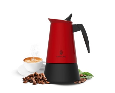 Cecotec Piccolina 900 Cafetera Italiana para 9 Tazas - Acero Inoxidable - Compatible con Induccion y Gas - Mango Ergonomico y Resistente - Valvula de Seguridad - Color Rojo