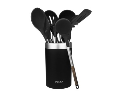 Cecotec Polka Excellence Force Pack de 9 Utensilios de Cocina - Mango Efecto Madera - Silicona Antiadherente - Resistente hasta 220&deg;C - Libre de BPA - Incluye Soporte - Facil de Limpiar - Color Negro