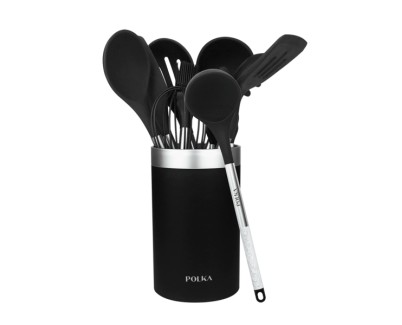 Cecotec Polka Exclusive Wood and Rock Pack de 9 Utensilios de Cocina - Incluye Soporte - Materiales Silicona y Acero - Resistente hasta 220&deg;C - Libre de BPA - Silicona Antiadherente - Color Negro