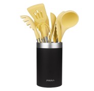 Cecotec Polka Experience Vulcano Pack de 9 Utensilios de Cocina - Mango de Acero y Caucho Termoplastico - Silicona Antiadherente - Resistente hasta 220°C - Soporte - Libre de BPA - Color Amarillo Pastel