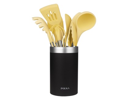Cecotec Polka Experience Vulcano Pack de 9 Utensilios de Cocina - Mango de Acero y Caucho Termoplastico - Silicona Antiadherente - Resistente hasta 220&deg;C - Soporte - Libre de BPA - Color Amarillo Pastel