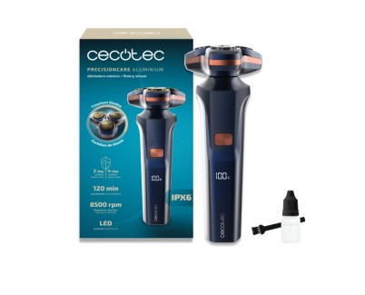 Cecotec PrecisionCare Aluminum Afeitadora Rotatoria - Autonomia hasta 2h - Cabezal Magnetico - Velocidad 8500rpm - Pantalla LED - Revestimiento de Titanio - Color Azul Marino