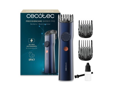 Cecotec PrecisionCare Barber Pro Recortadora para Barba Inalambrica - Autonomia 90min - Cuchillas de Acero Inoxidable - Peines Ajustables - Rueda de Ajuste - IPX7 - Pantalla LED - Color Azul Marino