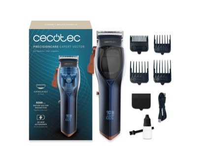 Cecotec PrecisionCare Expert Vector Cortapelos Inalambrico - Motor de 9200rpm - Cuchilla DLC Acero y Ceramica - Autonomia 90min - 4 Peines - Carga Rapida USB-C - Ergonomico - Color Negro
