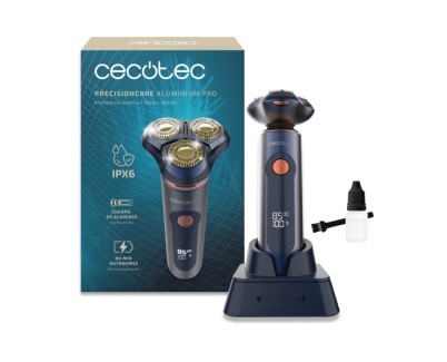 Cecotec PrecisionCare Pro Afeitadora Rotativa - Pantalla LCD - Cuchillas de Titanio Dobles - Autonomia 80min - Resistencia IPX6 - Base de Carga - Color Azul Marino