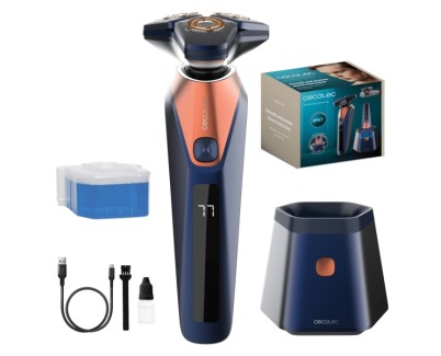 Cecotec PrecisionCare Saphire Pro Afeitadora Rotativa con Base Autolimpieza - Autonomia hasta 90min - Cuchillas de Titanio - Varias Velocidades - Liquido de Autolimpieza - IPX7 - Color Negro