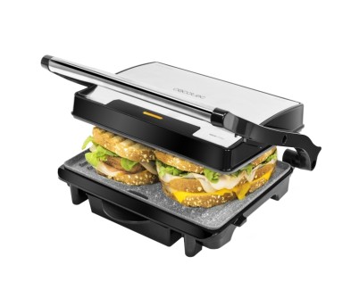 Cecotec Rock\'nGrill 1500 Rapid Parrilla Electrica - Potencia de 1500W - Revestimiento Antiadherente - Bandeja Recogegrasas - Placa Superior Ajustable - 24.5x17.3cm - Acero Inoxidable
