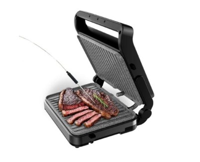 Cecotec Rock\'nGrill 2000 PerfectCook Parrilla Electrica con Sonda de Temperatura Inteligente - 2000W - Placas Desmontables - Acabado en Acero Inoxidable - Bandeja Recogegrasas - 30x23cm - Color Negro
