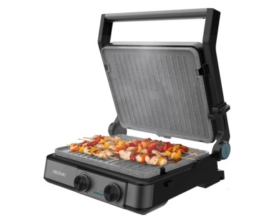 Cecotec Rock\'nGrill 2200 Dual Parrilla Electrica - 2200W - Apertura 180&ordm; - Placas Antiadherentes Desmontables - Placas Reversibles - Control de Temperatura Regulable - Color Negro