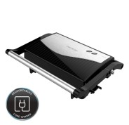 Cecotec Rock\'nGrill 750 Full Open Parrilla Electrica - 750W - Apertura 180º - Revestimiento Antiadherente - Placa Flotante - Indicador Luminoso - Cierre Vertical con Pinza - 23x14.5cm - Color Negro