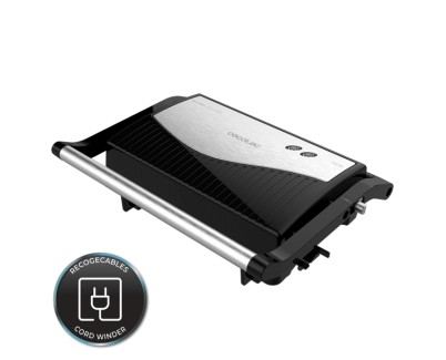 Cecotec Rock\'nGrill 750 Full Open Parrilla Electrica - 750W - Apertura 180&ordm; - Revestimiento Antiadherente - Placa Flotante - Indicador Luminoso - Cierre Vertical con Pinza - 23x14.5cm - Color Negro