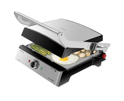 Cecotec Rock\'nGrill Pro Parrilla Electrica - 2000W - Antiadherente - Placas Extraibles y Reversibles - Apertura 180&ordm; - Libre de PTFE y PFOA - Pinza - Base Antideslizante - 34x23cm - Acero Inoxidable