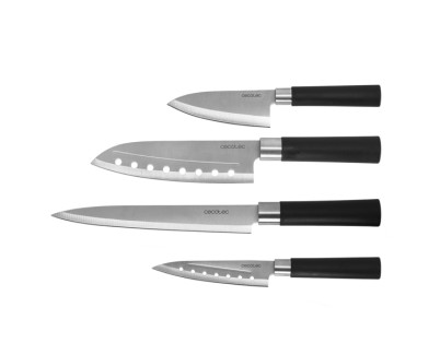 Cecotec santoku Pack de 4 Cuchillos Profesionales - Hoja de 2mm de Grosor - Acero Inoxidable con Base de Carbono - Mango Ergonomico - Estilo Japones - Estuche - Apto para Lavavajillas - Color Negro