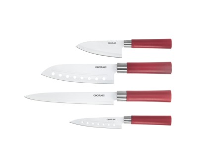 Cecotec santoku Pack de 4 Cuchillos Profesionales - Hoja de 2mm de Grosor - Recubrimiento Ceramico - Acero Inoxidable con Base de Carbono - Estilo Japones - Estuche - Aptos para Lavavajillas - Color Rojo