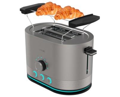 Cecotec Shine and Toast Double Tostadora Doble - Potencia 850W - Ranura Ancha - Acabados en Acero Inoxidable - 7 Niveles de Tostado - Autocentrado - Calienta Panecillos - Color Gris