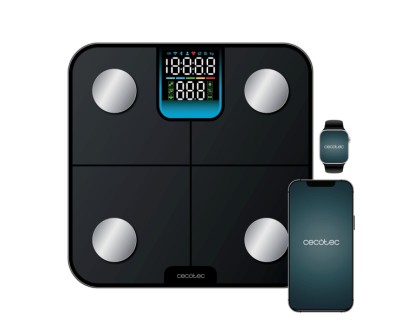 Cecotec Surface Precision HealthySmart Bascula Corporal hasta 180kg - Bluetooth 4.0 - Analisis Corporal Completo - Patas Antideslizantes - Funcion Bebe - Cristal Templado - LCD - 310x310mm - Color Negro