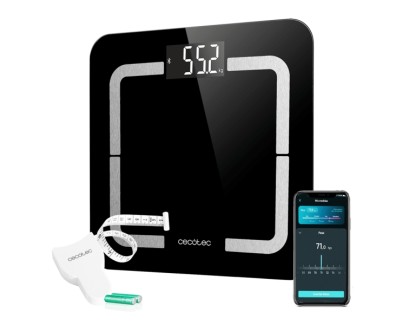 Cecotec Surface Precision Smart Healthy Bascula Corporal hasta 180kg - 4 Sensores - 10 Parametros - Bluetooth - Cristal Templado - Funcion Bebe - LCD - Patas Antideslizantes - 310x310mm - Color Negro