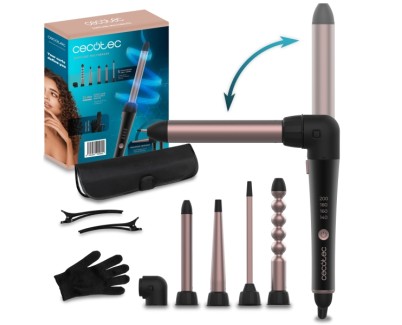 Cecotec SurfCare MultiWaves Rizador de 25mm - Revestimiento Ceramico - Angulo de 90&deg; - Guante y Clips - Cabezales Surtidos - Temperatura de 140 a 200&deg;C - Color Negro y Rosa