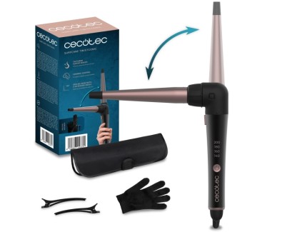 Cecotec SurfCare TwistConic Rizador de 25mm - Codo de 90&deg; - Guante Termico y Estuche - Ceramico - Temperatura de 140 a 200&deg;C - Cable 360&ordm; - 2 Clips para Cabello - Color Negro y Rosa