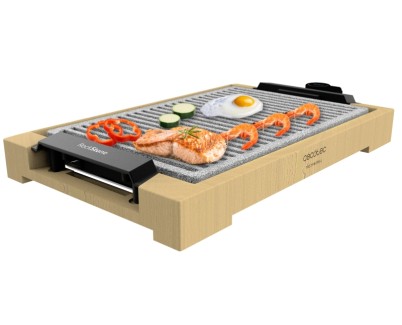 Cecotec Tasty and Grill 2000 Bamboo LineStone Plancha Electrica - 2000W - Antiadherente - Estructura Bambu - Termostato Regulable - Apta para Lavavajillas - Espatula - 37.5x24.5cm - Color Madera Claro