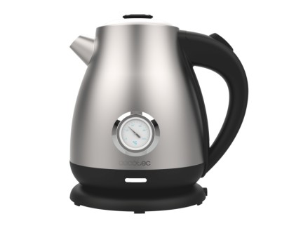 Cecotec Thermosense 620 Retro Steel Hervidor de Agua de 1.7L - 2200W - Termometro Analogico - Base 360&ordm; Independiente - Temperatura Regulable - Filtro Antical - Apagado Automatico - Color Negro y Plateado
