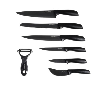 Cecotec titanium Pack de 7 Cuchillos Profesionales - Hoja de 2mm de Grosor - Acero Inoxidable con Recubrimiento Ceramico - Mango de Polipropileno - Aptos para Lavavajillas - Estilo Japones - Color Negro