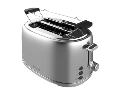 Cecotec Toast and Taste 1000 Retro Double Tostadora de Doble Ranura - 980W - Ranura Ancha hasta 3.8cm - Sistema de Autocentrado - Bandeja Recogemigas Extraible - Acabado en Acero Inoxidable