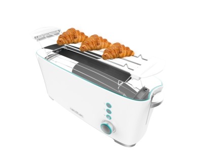 Cecotec Toast and Taste ExtraW Tostadora de Ranura Larga - 1000W - Ranura XL Extra Ancha - Calienta Panecillos - Funciones Descongelar y Recalentar - Funcion de Extra Elevacion - 7 Niveles - Color Blanco