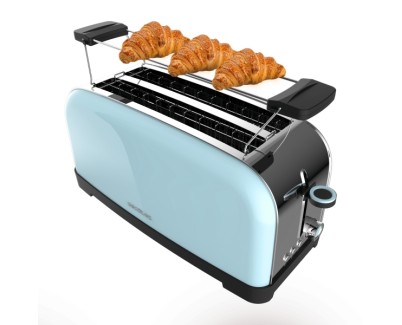 Cecotec Toastin\' Time 1500 Tostadora de Doble Ranura Larga - 1500W - Capacidad para 4 Rebanadas - Ranura Ancha - Bandeja Recogemigas - 7 Niveles - Acabado en Acero Inoxidable - Color Azul Claro