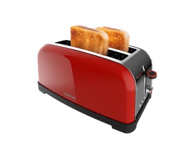 Cecotec Toastin\' Time 1500 Tostadora de Doble Ranura Larga - 1500W - Ranura Ancha hasta 3.8cm - Acero Inoxidable - Apagado Automatico - Sistema de Autocentrado - 7 Niveles de Tostado - Color Rojo