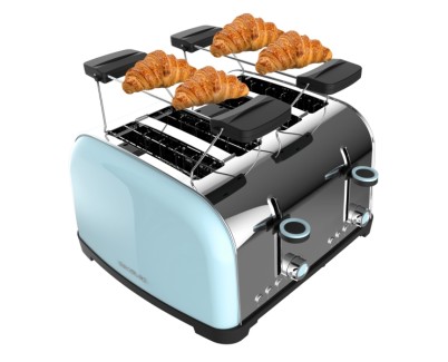 Cecotec Toastin\' Time 1700 Double Tostadora de 4 Ranuras - 1700W - Ranura Ancha - Acero Inoxidable - Calienta Panecillos - Funciones Recalentar y Descongelar - 7 Niveles de Tostado - Color Azul Claro