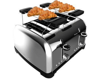 Cecotec Toastin\' Time 1700 Double Tostadora de 4 Ranuras Anchas - 1700W - Calienta Panecillos - Autocentrado - Bandeja Recogemigas Extraible - Acero Inoxidable