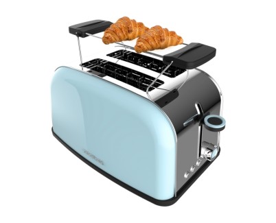 Cecotec Toastin\' Time 850 Tostadora de Doble Ranura - 850W - Ranura Ancha - Acero Inoxidable - Autocentrado - Bandeja Recogemigas Extraible - Color Azul Claro