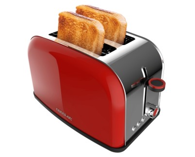 Cecotec Toastin\' Time 850 Tostadora de Doble Ranura - Potencia de 850W - Ranura Ancha hasta 3.8cm - Acero Inoxidable - Apagado Automatico - Sistema de Autocentrado - 7 Niveles de Tostado - Color Rojo