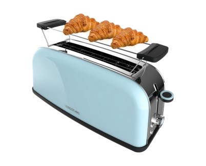 Cecotec Toastin\' Time 850 Tostadora de Ranura Larga - 850W - Ranura Ancha - Calienta Panecillos - Autocentrado - Bandeja Recogemigas - 7 Niveles de Tostado - Color Azul Claro