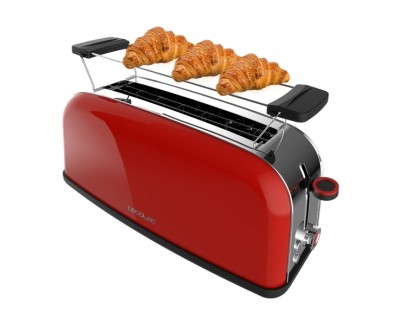 Cecotec Toastin\' Time 850 Tostadora de Ranura Larga - 850W - Ranura Ancha - Calienta Panecillos - Autocentrado - Bandeja Recogemigas - 7 Niveles de Tostado - Color Rojo
